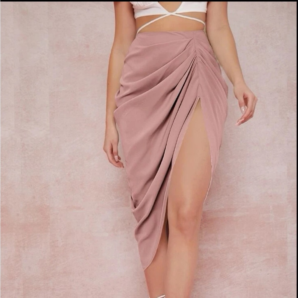 SHEIN|Ruched High Slit Bodycon Midi Skirt